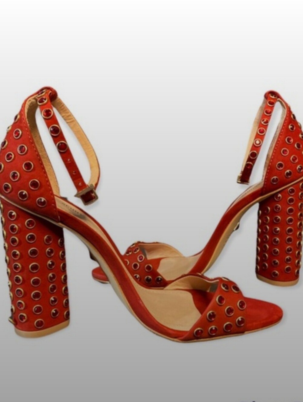 SCHUTZ Red Studded Block Heel Sandals